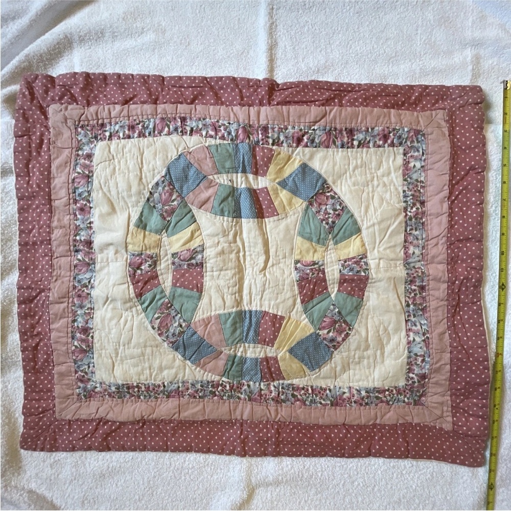 VTG QUILTED PILLOW SHAM PATCHWORK Cottage PINK GREEN CREAM FLORAL